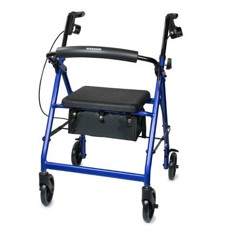 4 Wheel Rollator McKesson Black Adjustable Height / Folding Aluminum Frame WALKER, ROLLATOR LTWT FOLDING ALUM W/6" WHLS BLK 300LB