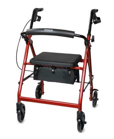 4 Wheel Rollator McKesson Black Adjustable Height / Folding Aluminum Frame WALKER, ROLLATOR LTWT FOLDING ALUM W/6" WHLS BLK 300LB