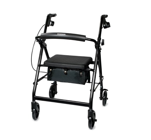 4 Wheel Rollator McKesson Black Adjustable Height / Folding Aluminum Frame WALKER, ROLLATOR LTWT FOLDING ALUM W/6" WHLS BLK 300LB