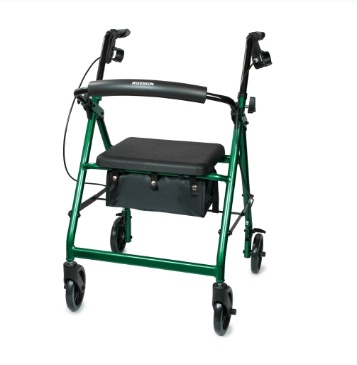 4 Wheel Rollator McKesson Black Adjustable Height / Folding Aluminum Frame WALKER, ROLLATOR LTWT FOLDING ALUM W/6" WHLS BLK 300LB